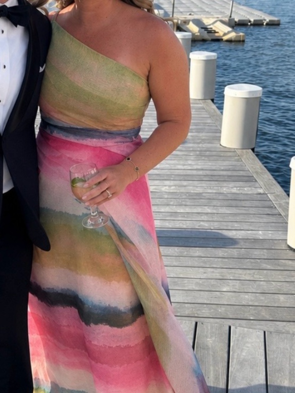 Kay Unger Norman’s One-Shoulder Watercolor Stripe Gown Pink Multicolor size 10 - Picture 3 of 3